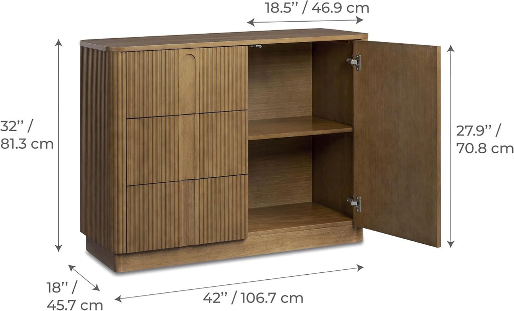 Teamson Home 42'' W Scandinavian Style Sideboard with 3 Drawer 1 Door and Adjustable Shelf, Solid Wood Frame, Push to Open and Acacia Veneer Living Room Storage Furniture in Greige