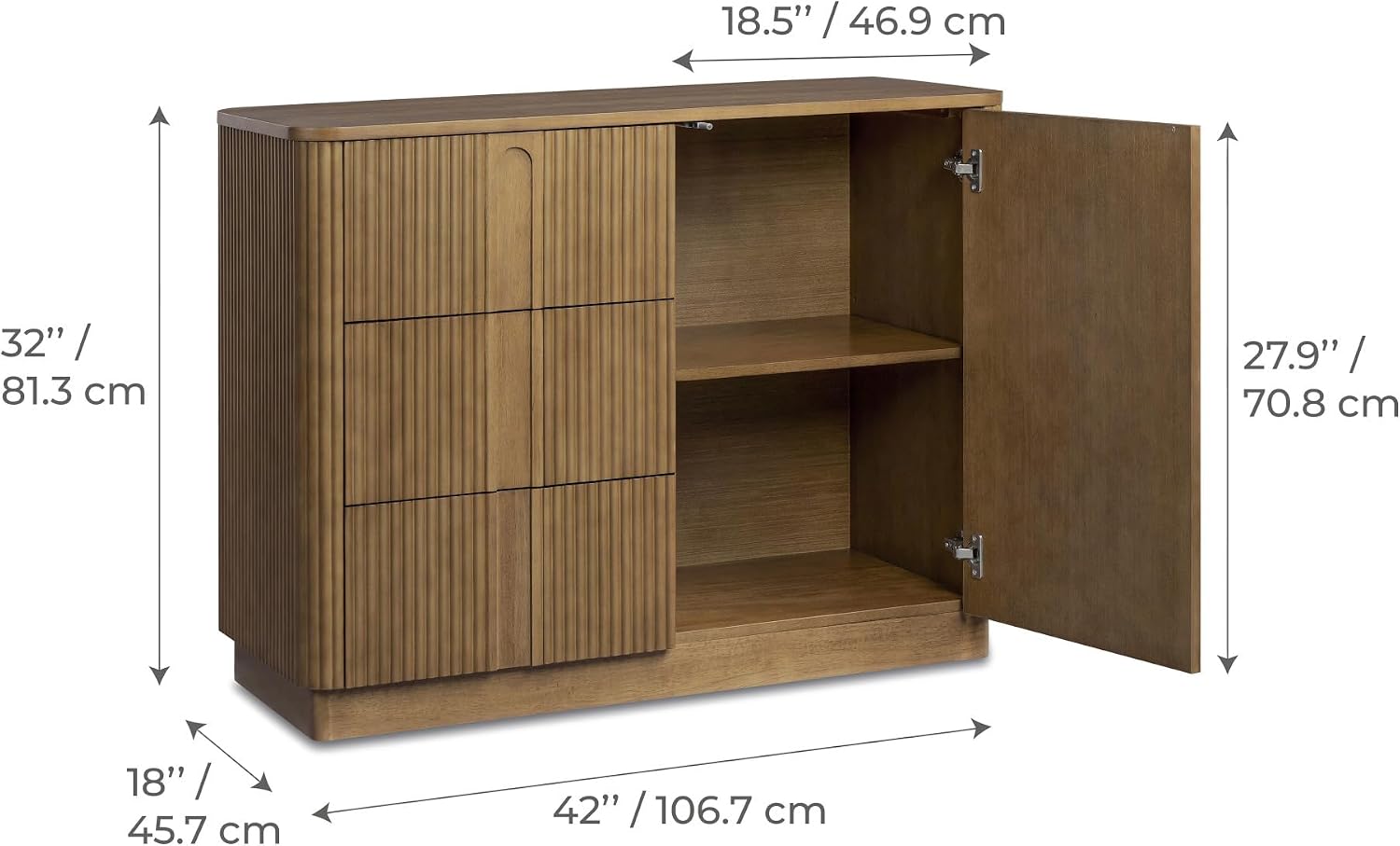 Teamson Home 42'' W Scandinavian Style Sideboard with 3 Drawer 1 Door and Adjustable Shelf, Solid Wood Frame, Push to Open and Acacia Veneer Living Room Storage Furniture in Greige