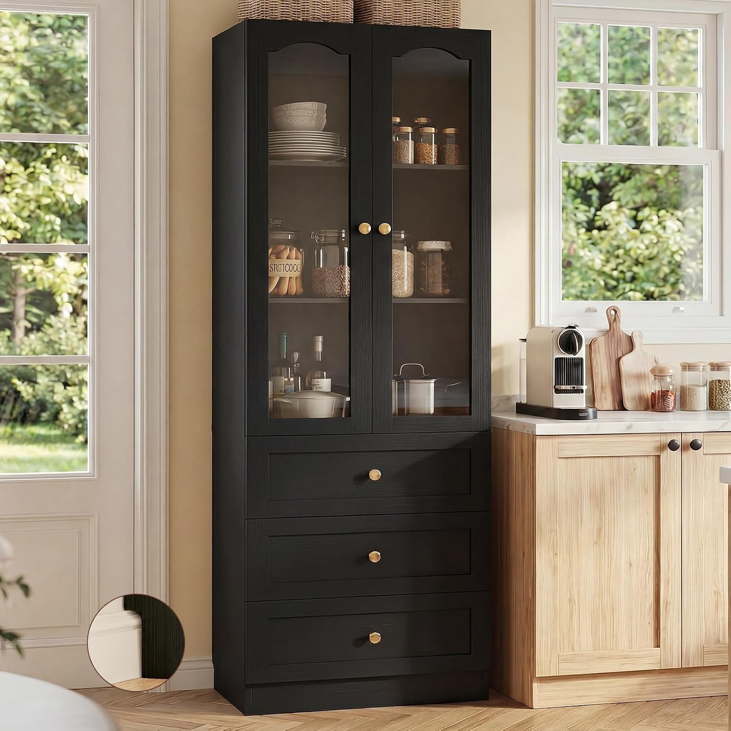 Cyclysio 80" Tall Pantry Cabinet for Kitchen Storage, Black Pantry Cabinet with Glass Doors & 3 Drawers - Freestanding Storage Bookcase with Built-in Baseboard Notch for Dining, Living Room