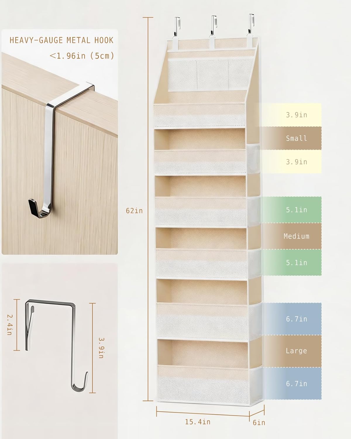 KMSCO Over The Door Organizer, 6 Large Pockets + 13 Mesh Side Pockets, Hanging Storage, 55lbs Capacity, Heavy Duty Non-Woven Fabric for Baby Nursery, Bathroom, Pantry, Closet, Beige, 1 Pack