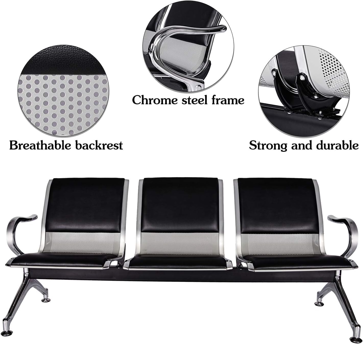 Kinsuite Set of 4 Waiting Room Reception Chairs with Arms 3-Seat Office Guest Chairs & Reception Chairs Bench PU Leather for Airport Office Bank Hospital Seat