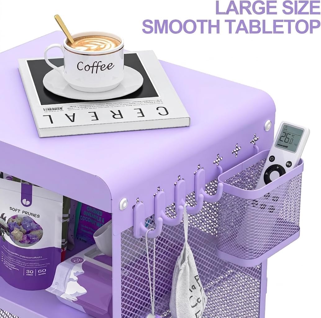 SYKIARIOL Kids Nightstand for Girls, 3-Tier Storage Shelf, Purple | Metal Bedside Table with 4 Hooks & Hanging Basket, Toddler Night Stand for Bedroom