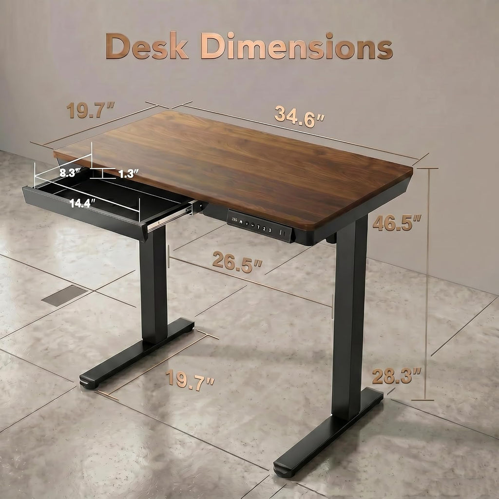 HUANUO 35 X 20 Inch Standing Desk with Drawers, Electric Adjustable Height Desk, Quick Install One-Piece Tabletop with USB Charging Ports, Sit to Stand Up Desk for Home Office, Black Walnut