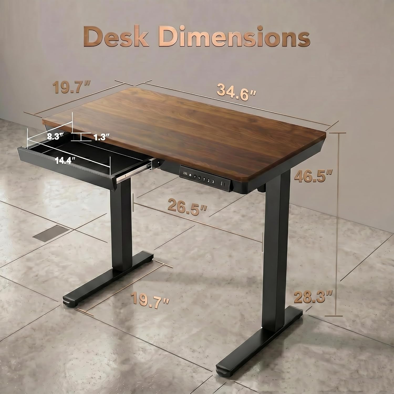 HUANUO 35 X 20 Inch Standing Desk with Drawers, Electric Adjustable Height Desk, Quick Install One-Piece Tabletop with USB Charging Ports, Sit to Stand Up Desk for Home Office, Black Walnut