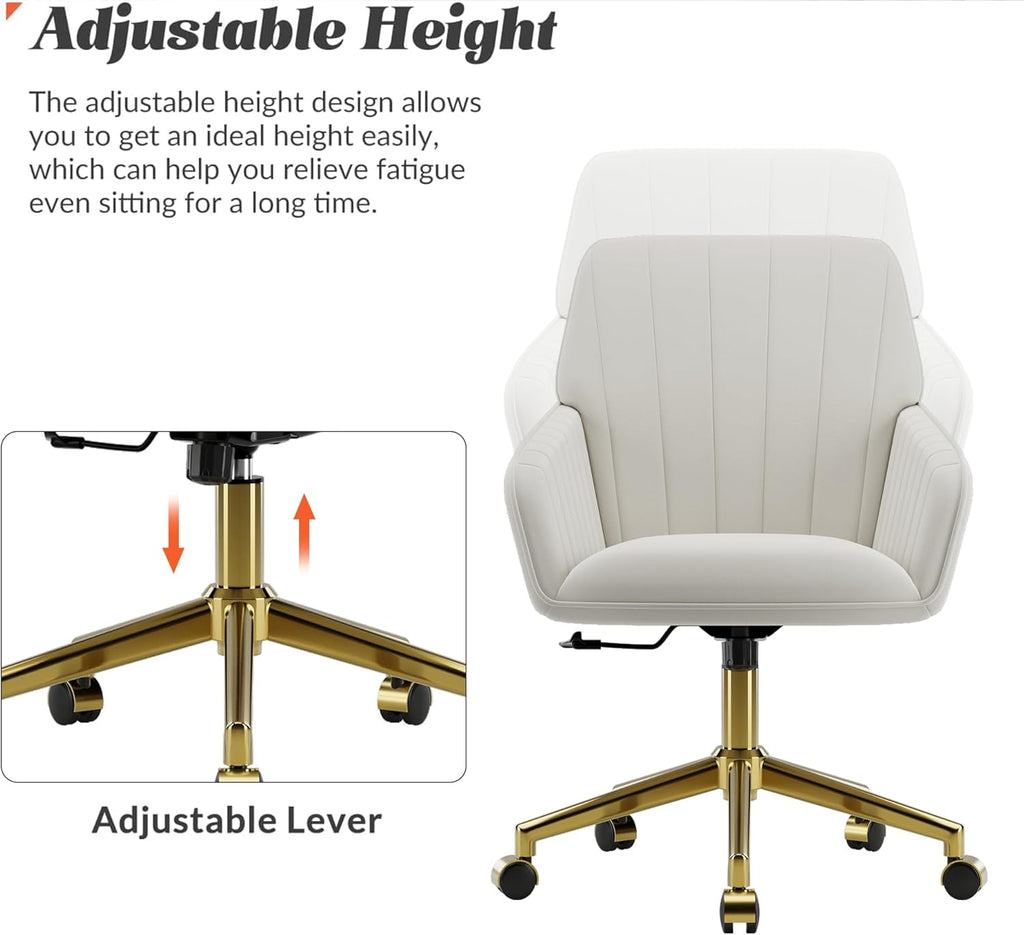 YISHENG Velvet Home Office Chair with Gold Base Upholstered Tufted Modern Height Adjustable 360 Degree Swivel Desk Chair with Wheels, Vanity Chairs for Living Room, Bedroom,Study Room (Cream)