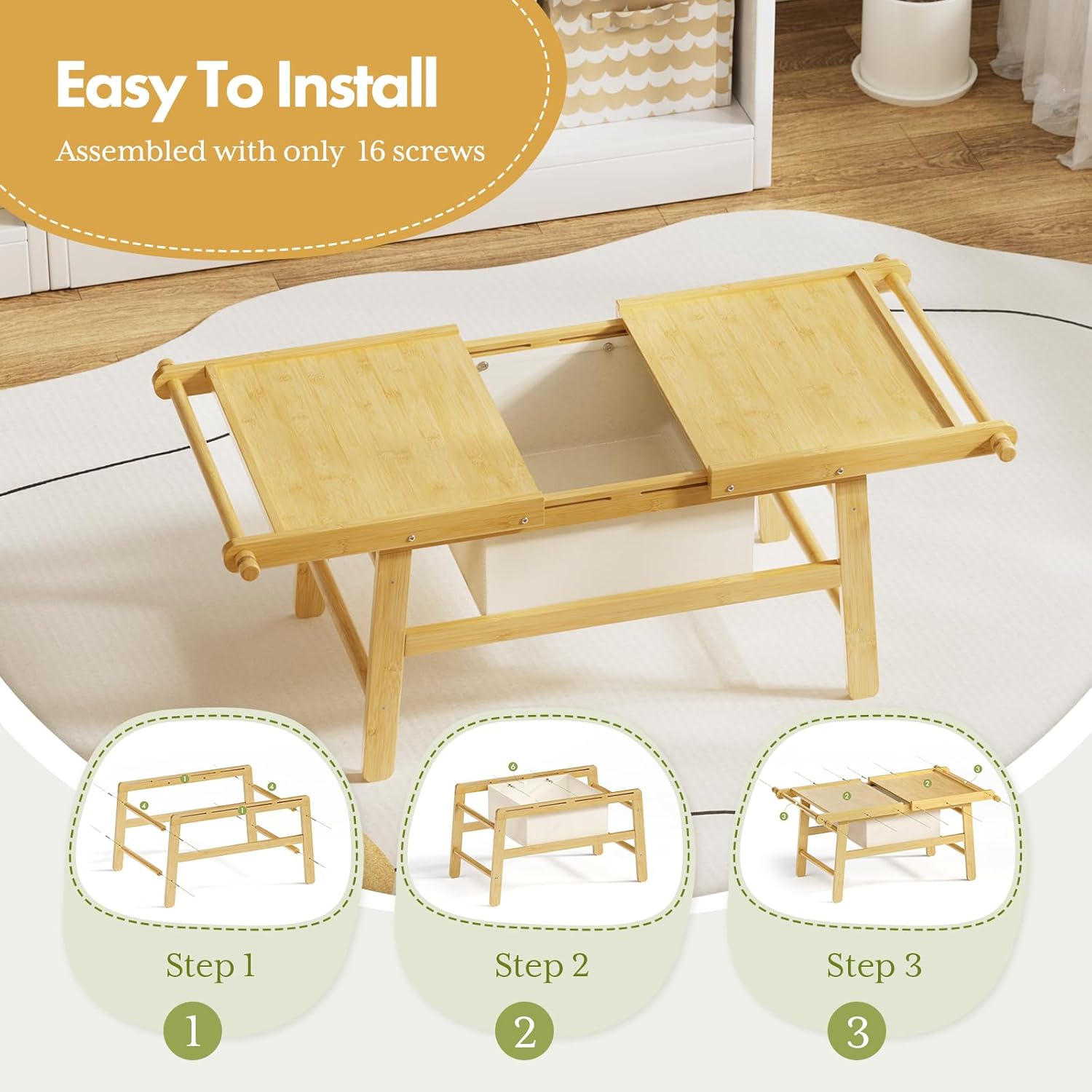 Kids Train Table with Storage, 5 in 1 Bamboo Activity Table for Building Blocks, Wooden Play Desk for Toddlers Ages 3-10, Multi-Functional Kids Table for Art, Drawing, Learning and Dining