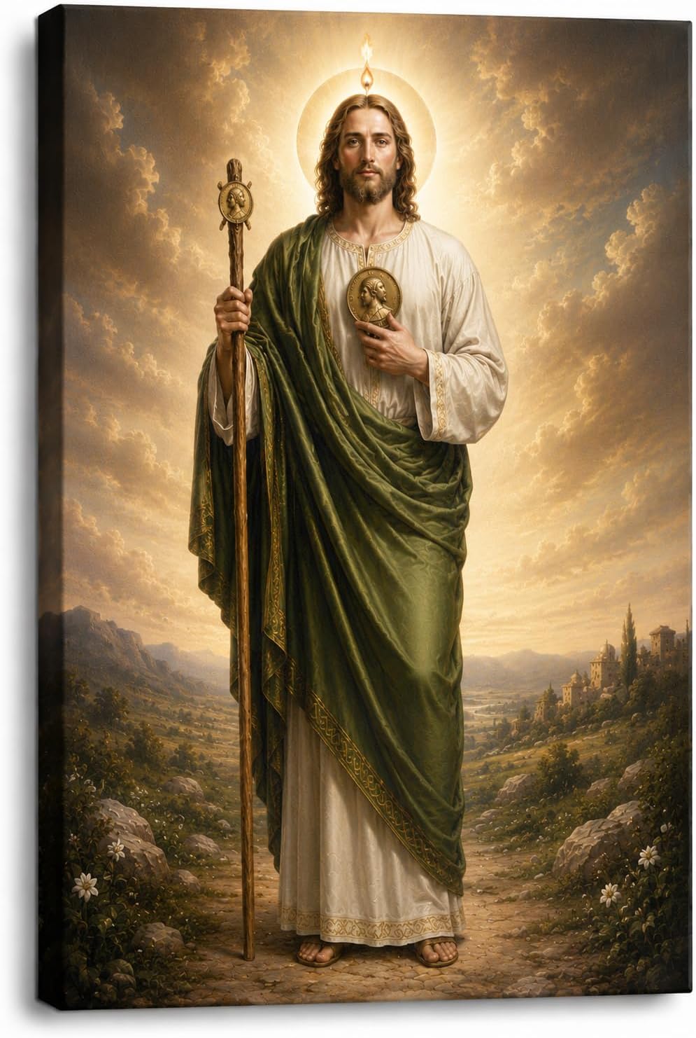 ICE ARMOR Large Saint Jude Thaddeus Apostle with Medallion and Staff Catholic Devotional Canvas Wall Art 24x36 Inch Frameless Wall Art for Living Room, Bedroom, Home, Prayer Room-Ready to Hang