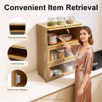 Kitchen Pantry Sideboard Small Bamboo Cabinet with 3 Clear Acrylic Doors Freestanding Countertop Storage for Dishes Bottles Spices