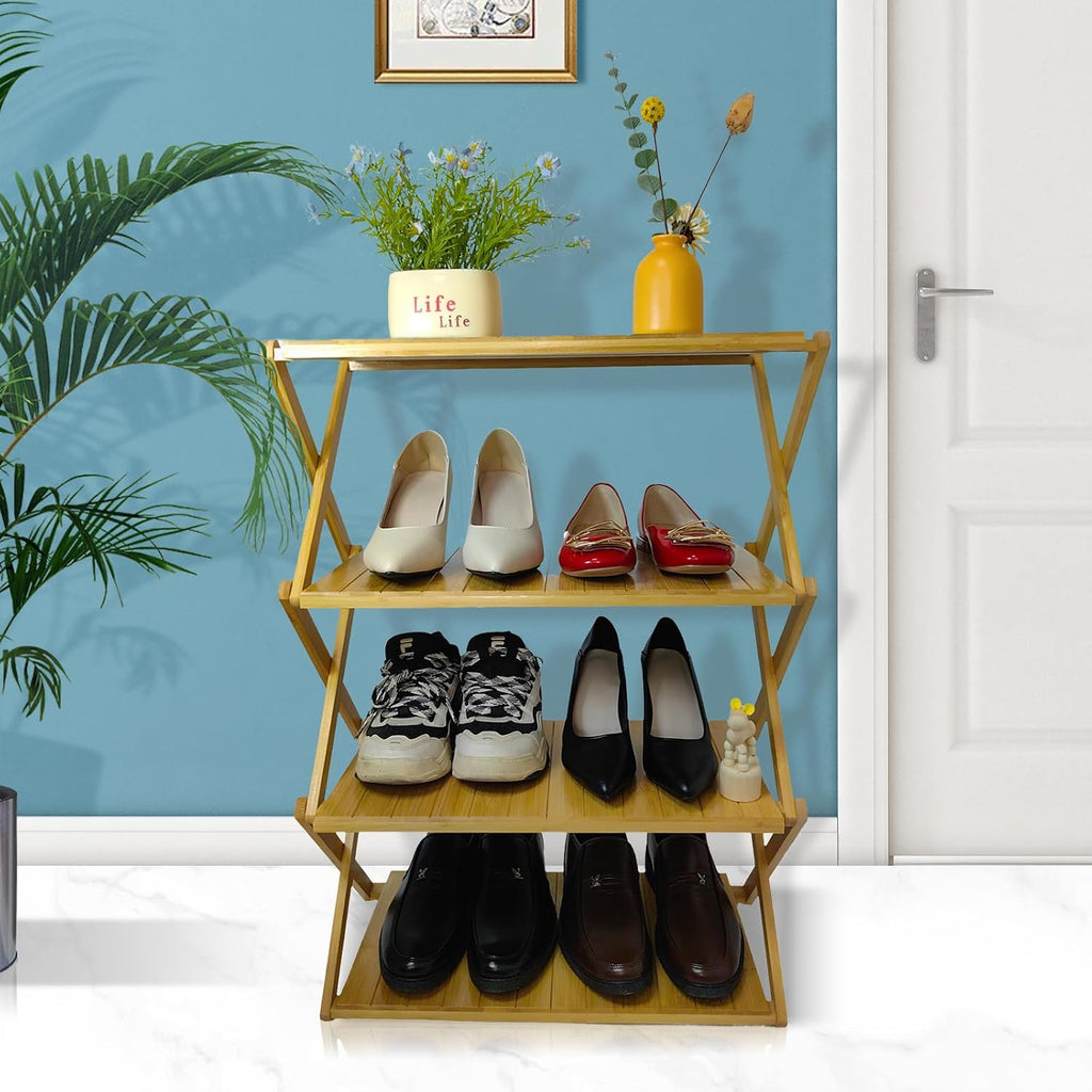 Foldable Bamboo Shelf, Folding Shoe Rack, Flower Rack, Camping Rack, No Installation Required, Portable, Space Saving, Multi-Purpose Storage Rack (Natural, 4 Tiers)
