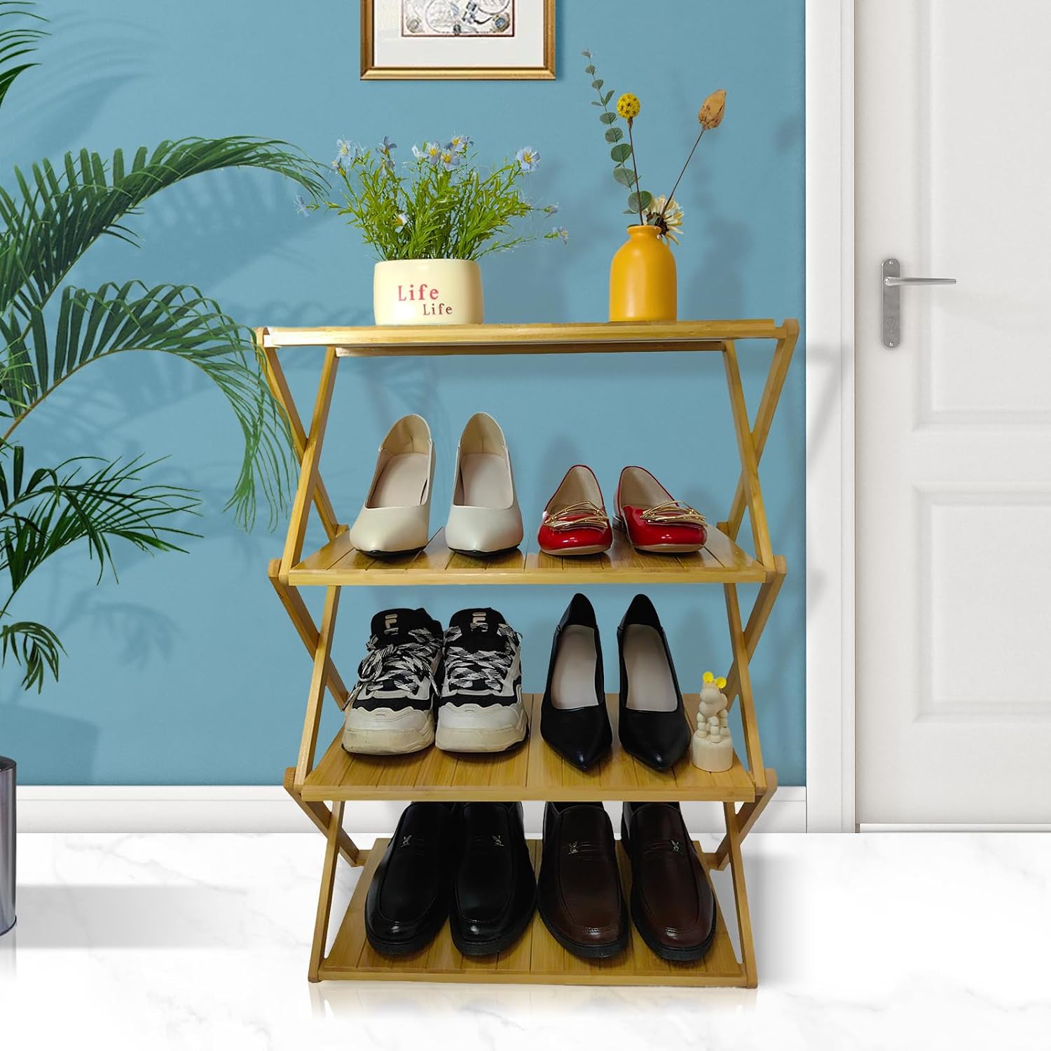 Foldable Bamboo Shelf, Folding Shoe Rack, Flower Rack, Camping Rack, No Installation Required, Portable, Space Saving, Multi-Purpose Storage Rack (Natural, 4 Tiers)