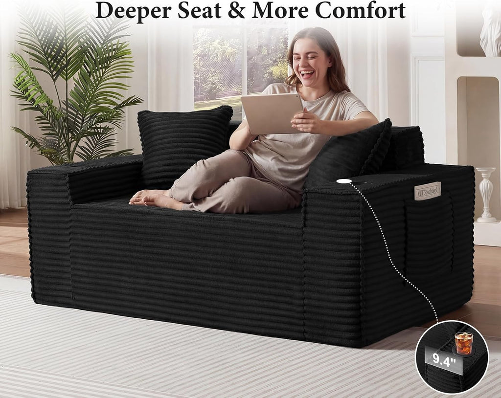 61” Boneless Loveseat Sofa, Comfy Corduroy Boneless Couch with Cup Holders & Storage Pockets, Deep Seat 2-Seater Cloud Couches for Small Space Living Room No Assembly Required, Black