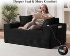61” Boneless Loveseat Sofa, Comfy Corduroy Boneless Couch with Cup Holders & Storage Pockets, Deep Seat 2-Seater Cloud Couches for Small Space Living Room No Assembly Required, Black