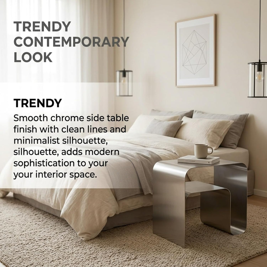 Stainless Steel Side Table, Modern End Table with Double Storage, One-Piece Forming Design, No Assembly, Silver Accent Table for Living Room Bedroom Balcony (2.0 Thickness)
