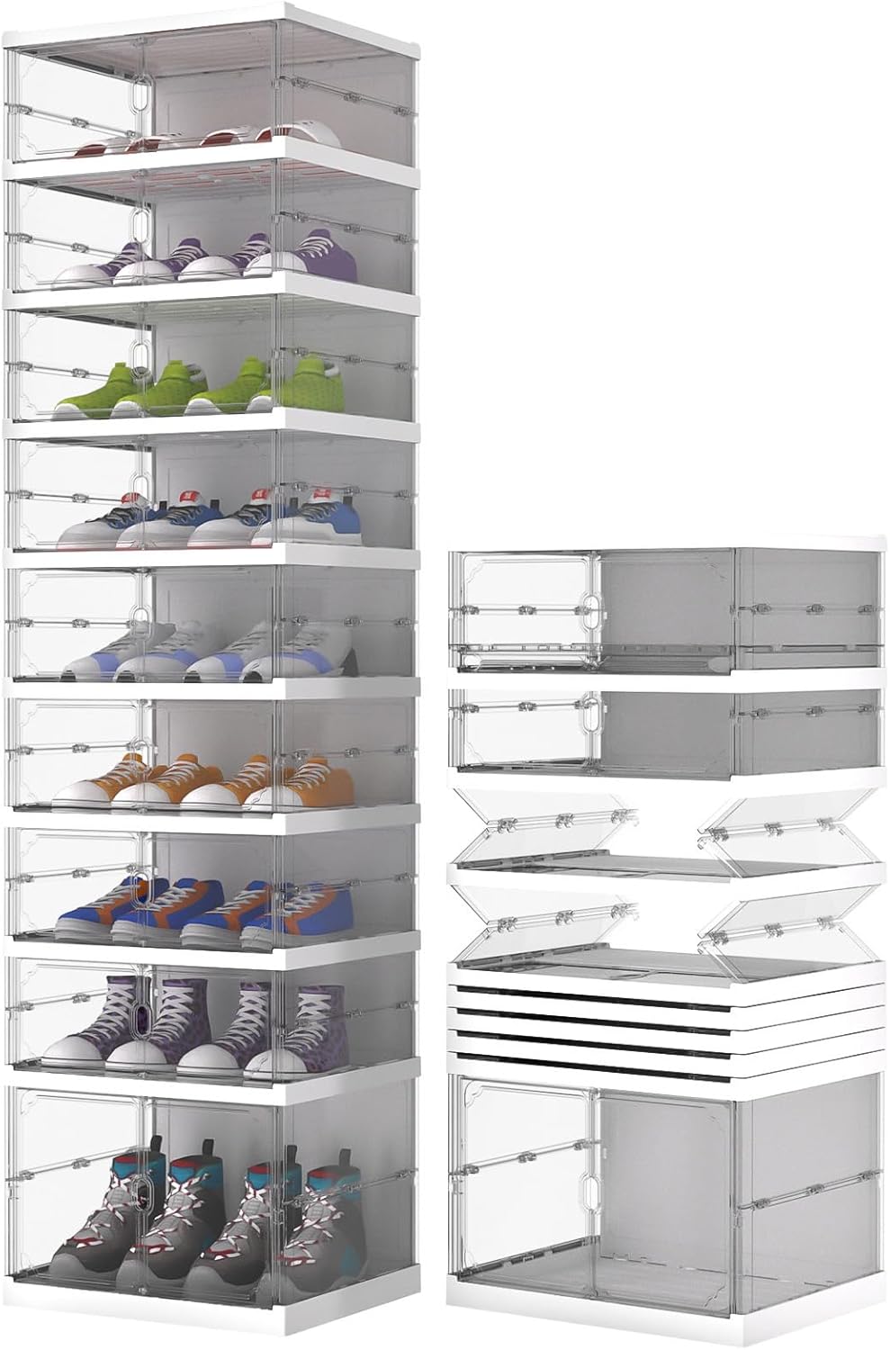 GCCSJ Shoe Rack Organizer Storage Box 9 Tiers-18 Pairs, Portable Folding Shoe Rack with Magnetic Clear Door for Closet Entryway, Transparent, 9 Tiers 18 Pairs