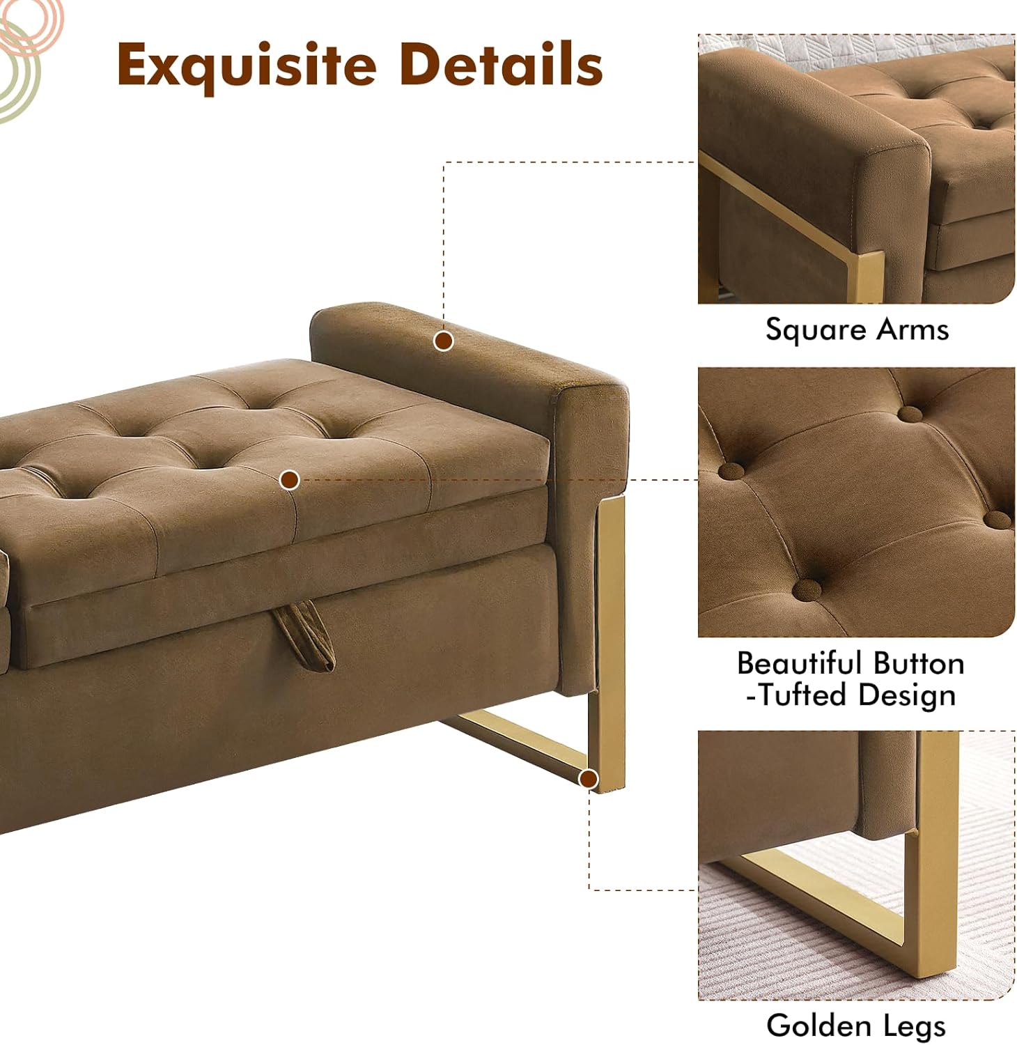67" End of Bed Bench King Size, Velvet Storage Bench for Bedroom Foot of Bed, Double Lids Storage Bench with Golden Legs, Upholstered Ottoman Bench for Living Room Window Entryway, Brown