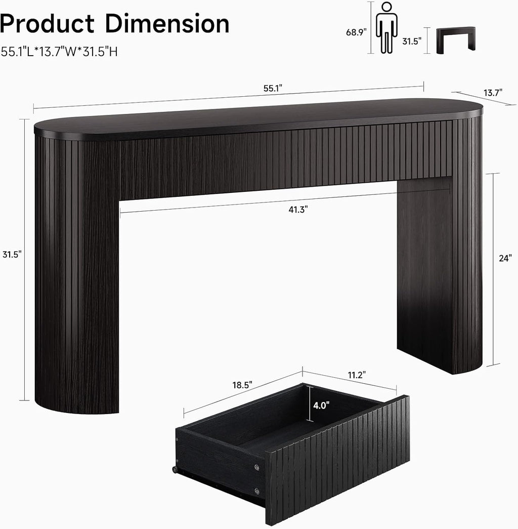 55 Inch Console Table with 2 Drawers, Entryway Tables with Storage,Black | Fluted Sofa Table Behind The Couch, Hallway Tables, Mid-Century Modern Foyer Table for Entryway, Hallway, Living Room