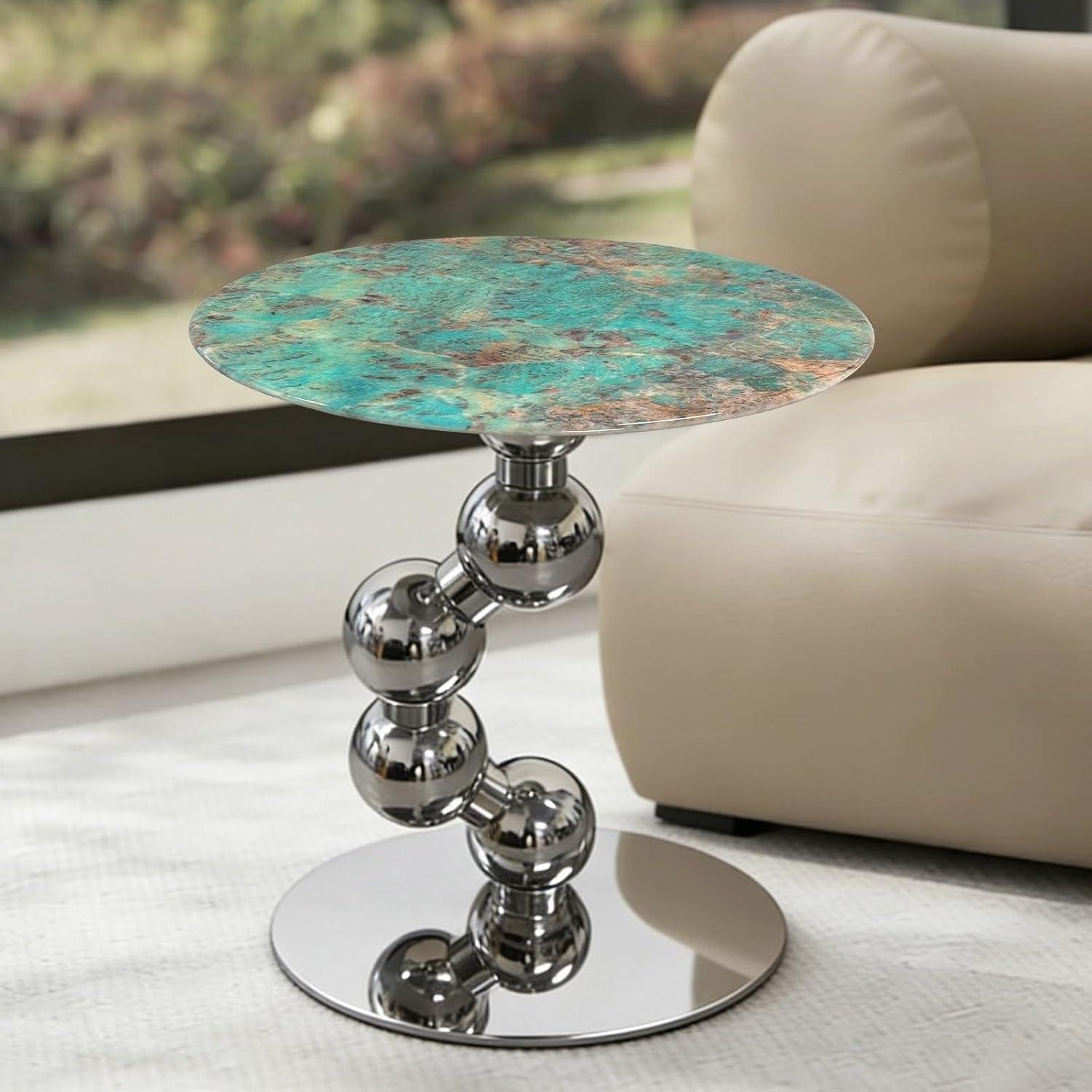Small Round End Table, Marble Top Metal Side Table, Slim Accent Desk for Small Spaces, Living Room, Bedroom, 17.7"x19.7"(Green)