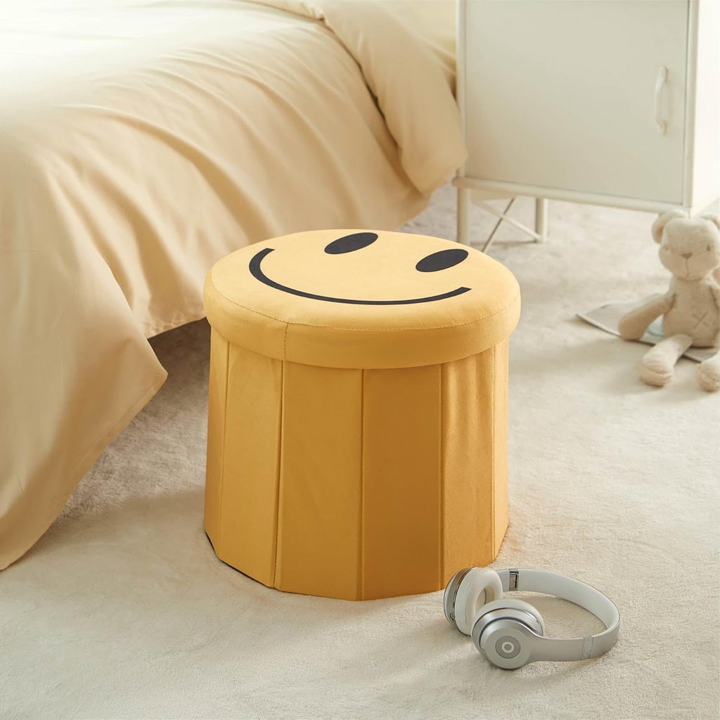 Heritage Kids Smiley Face Storage Ottoman,Collapsible Round Storage Stool with Lid, Soft Padded Seat, Fun Emoji Design for Kids Room, Bedroom, or Living Room,Yellow