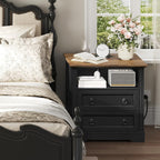 Farmhouse Nightstand with Charging Station, Wooden Bedside End Table with 2 Drawers and Open Storage Shelf, Side Table for Bedroom Living Room, Black & Walnut