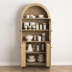 LED Tall Arched Top Food Cabinet, Fluted Kitchen Pantry with Adjustable RGB Lighting, 69" Tall Freestanding Wood Kitchen Storage with Adjustable Shelves, Modern Nordic Style Storage Organizer (Wood)