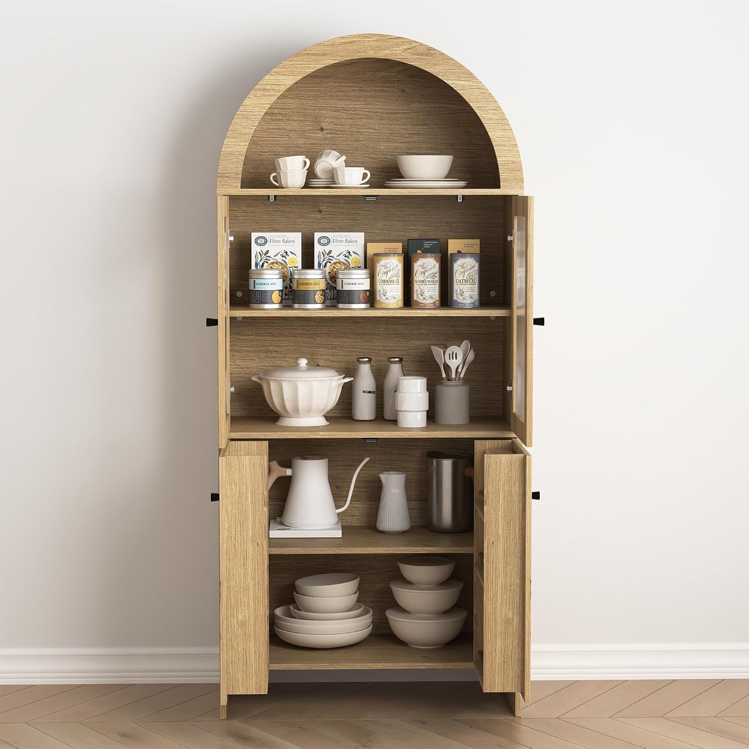 LED Tall Arched Top Food Cabinet, Fluted Kitchen Pantry with Adjustable RGB Lighting, 69" Tall Freestanding Wood Kitchen Storage with Adjustable Shelves, Modern Nordic Style Storage Organizer (Wood)