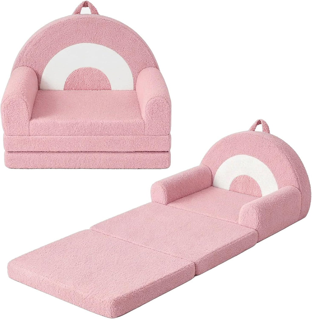 Rainbow Kids Couch, 2-in-1 Fold Out Toddler Couch Sofa, Soft Fleece Kids Chair, Convertible Sofa to Lounger for Girls Boys Bedroom, Playroom, Reading Nook, Pink