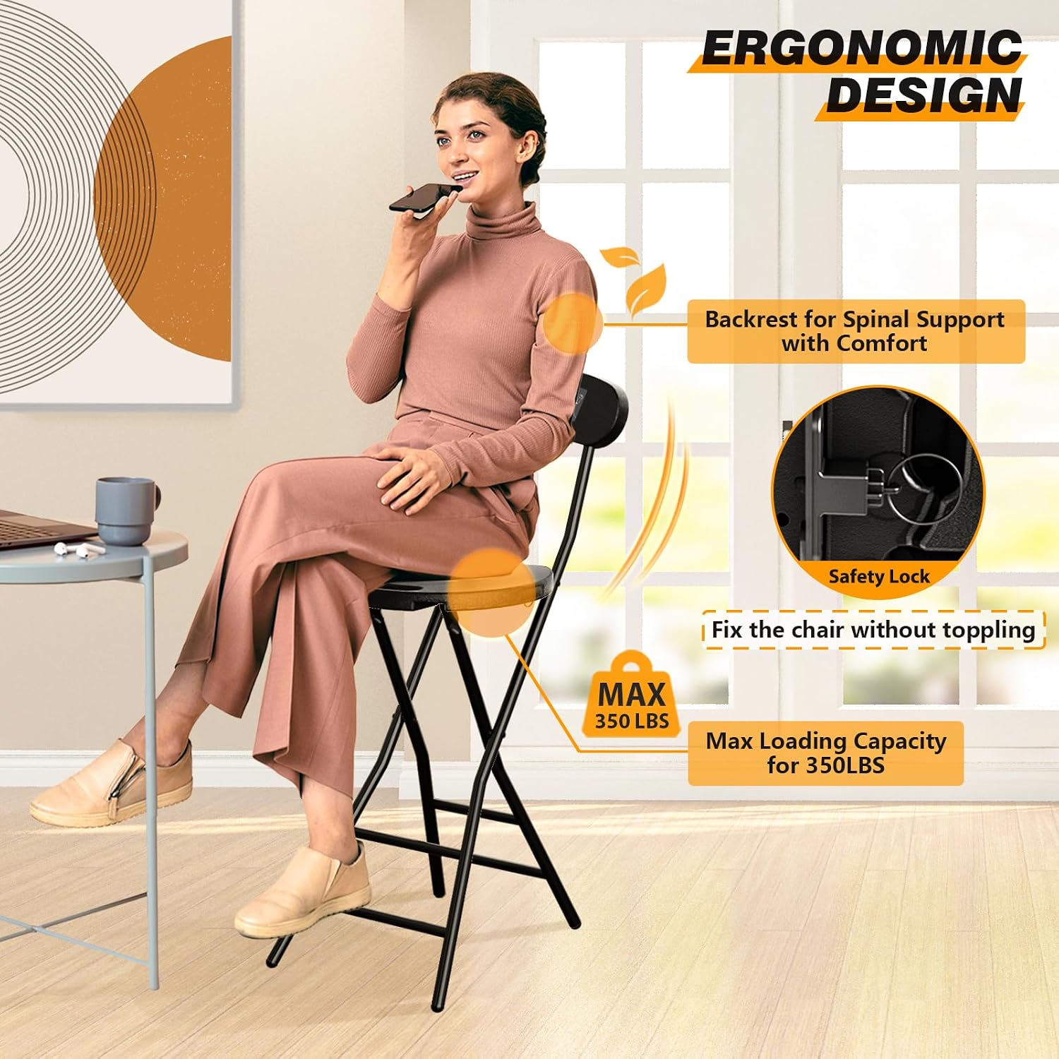 5Rcom Folding Stool, 1 Pack 24 inch Folding Bar Stool with Backrest and Handle, Foldable Stools for Adults Up to 350lbs, Collapsible Round Folding Counter Height Stool Chair for Camping Kitchen