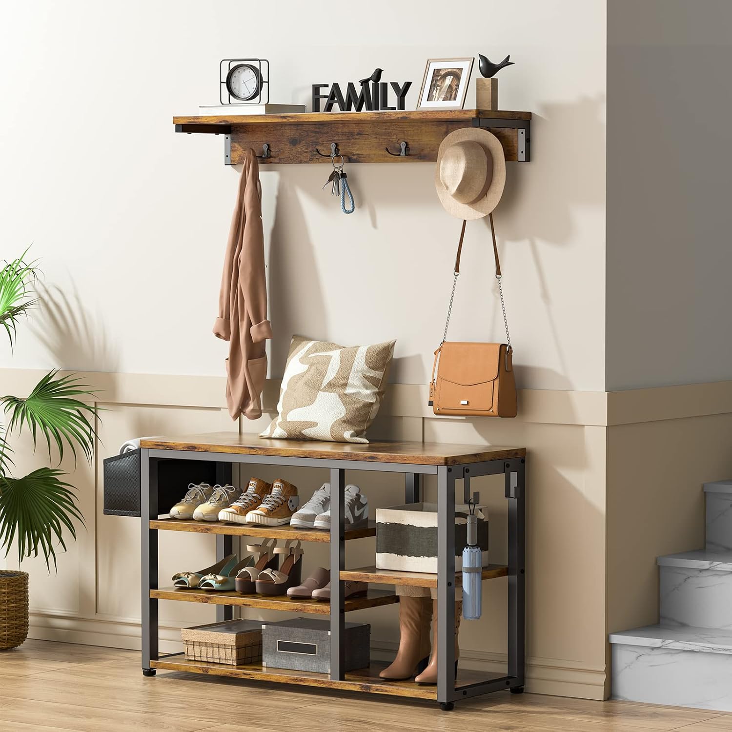 Aiho Entryway Hall Tree Bench with Storage, Industrial Shoe Rack Bench with 4 Hooks, Rustic Brown