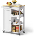 Gizoon Kitchen Island Cart with Storage Cabinet & Removable Tray | 27.6''W Mobile Kitchen Cart with Drawer, Towel Rack, 3 Hooks, 3 Open Shelves, Utility Trolley Cart for Dining Room, White