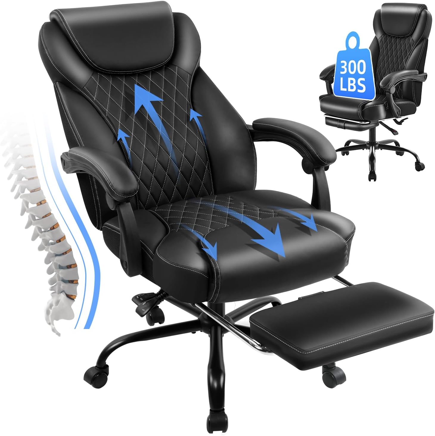 amseatec Big and Tall Office Chair with Footrest, Ergonomic Leather High Back Computer Chair Infinite Lock Reclining 90°-135°,20 Spring Packs,300lbs Executive Desk Chair for Home Office（Black）