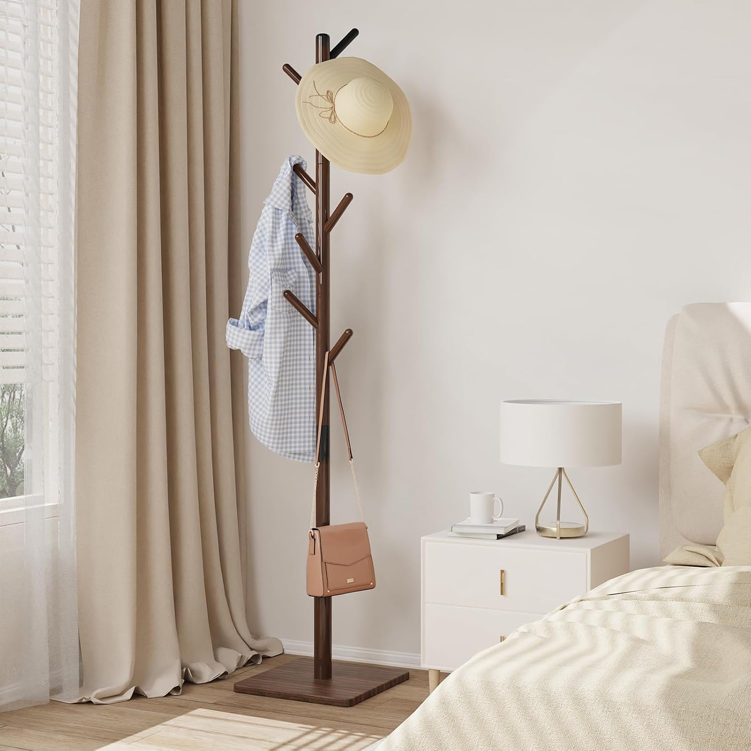 Coat Rack Freestanding with Stable Square Base, Entryway Furniture with 3 Adjustable Sizes and 8 Hooks, Used in Bedroom, Office and Hallway, Brown