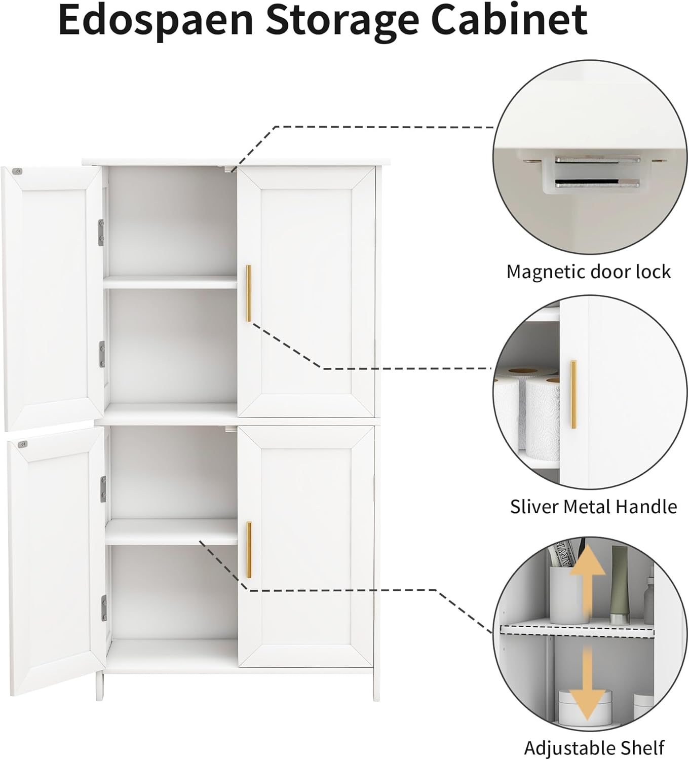 Bathroom Storage Cabinet, Bathroom Floor Cabinet Freestanding Organizer with Adjustable Shelves for Bathroom Laundry Room,4 Doors, Black