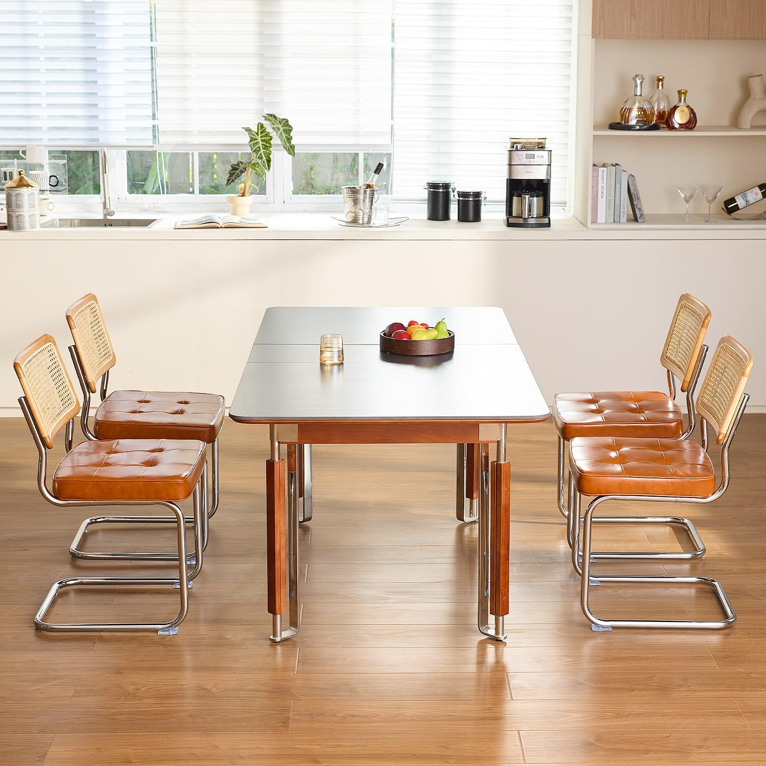 GrandNoor Rattan Dining Chairs Set of 4, Faux Leather Mid Century Modern Dining Room Chairs, Mesh Back Cane Kitchen Chair, Cesca Design Chairs with Metal Chrome Legs, Brown Leather