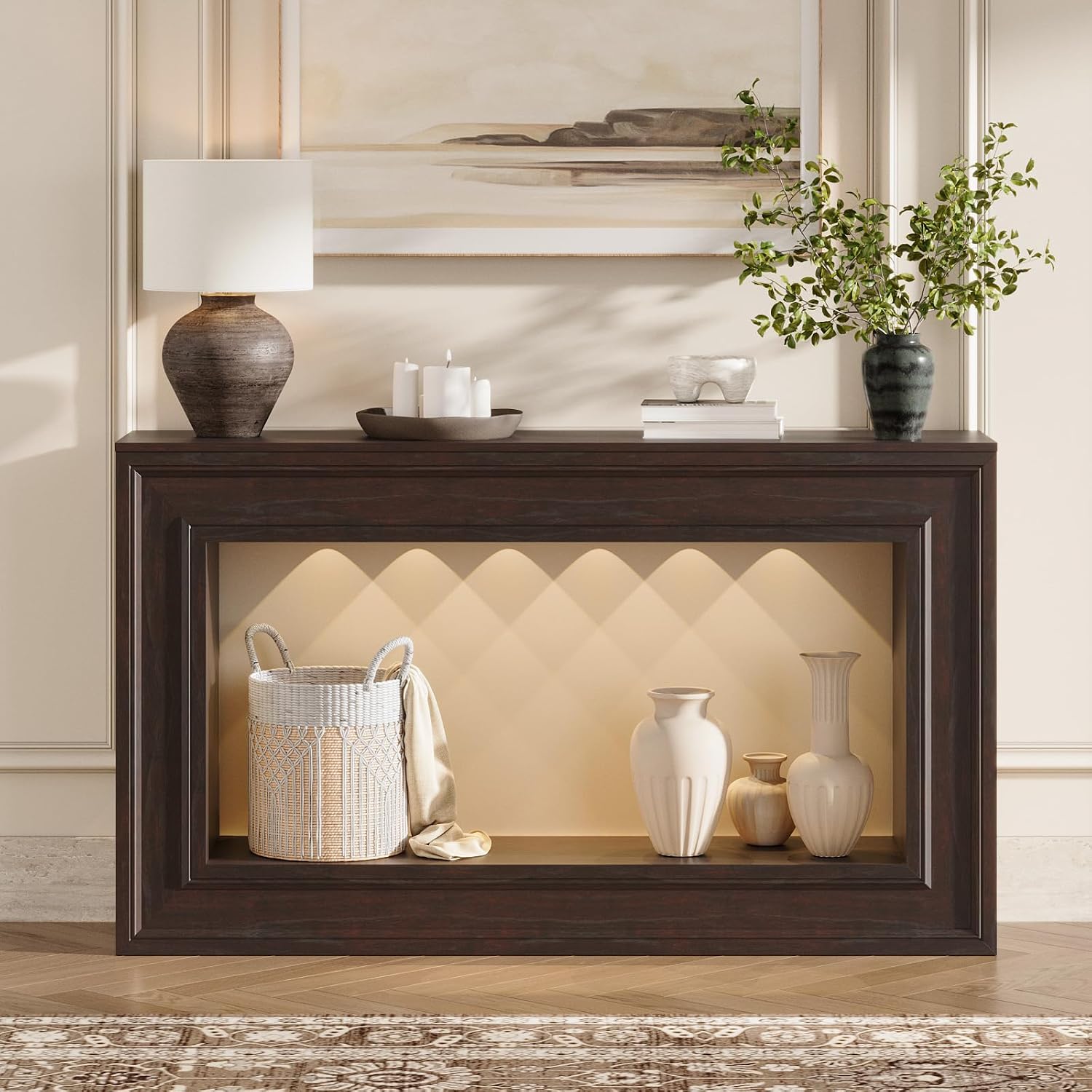 Rresyet Entryway Console Table 55" Long Narrow with LED Lights & Storage, 2-Tier Sofa Table, Farmhouse Cherry Accent for Hallway & Living Room, Space-Saving and Sturdy