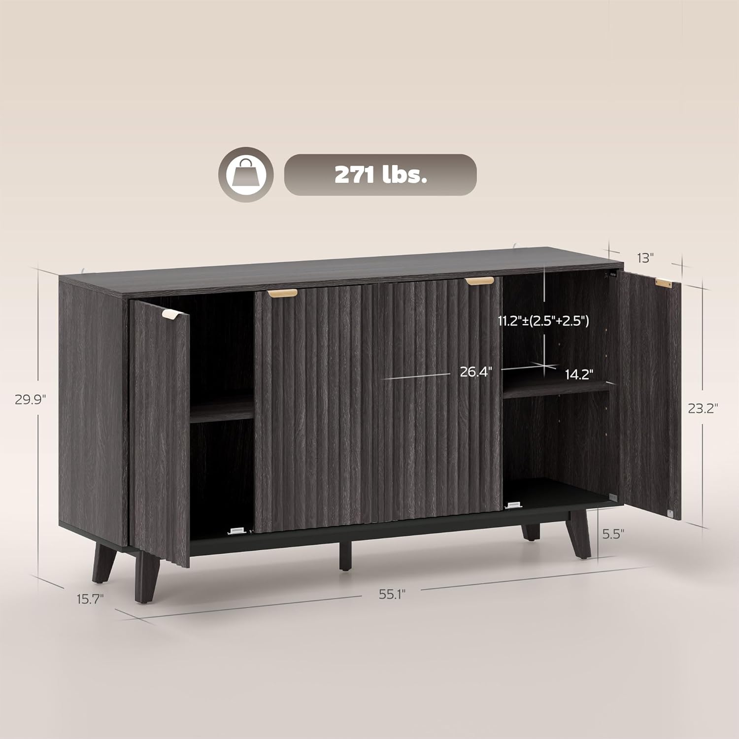 HOMCOM Sideboard Buffet Cabinet with Storage, 55" Fluted Modern Buffet Table Coffee Bar Console Cabinet with 2 Adjustable Shelves, 4 Doors for Dining Room, Living Room, Hallway, Dark Gray