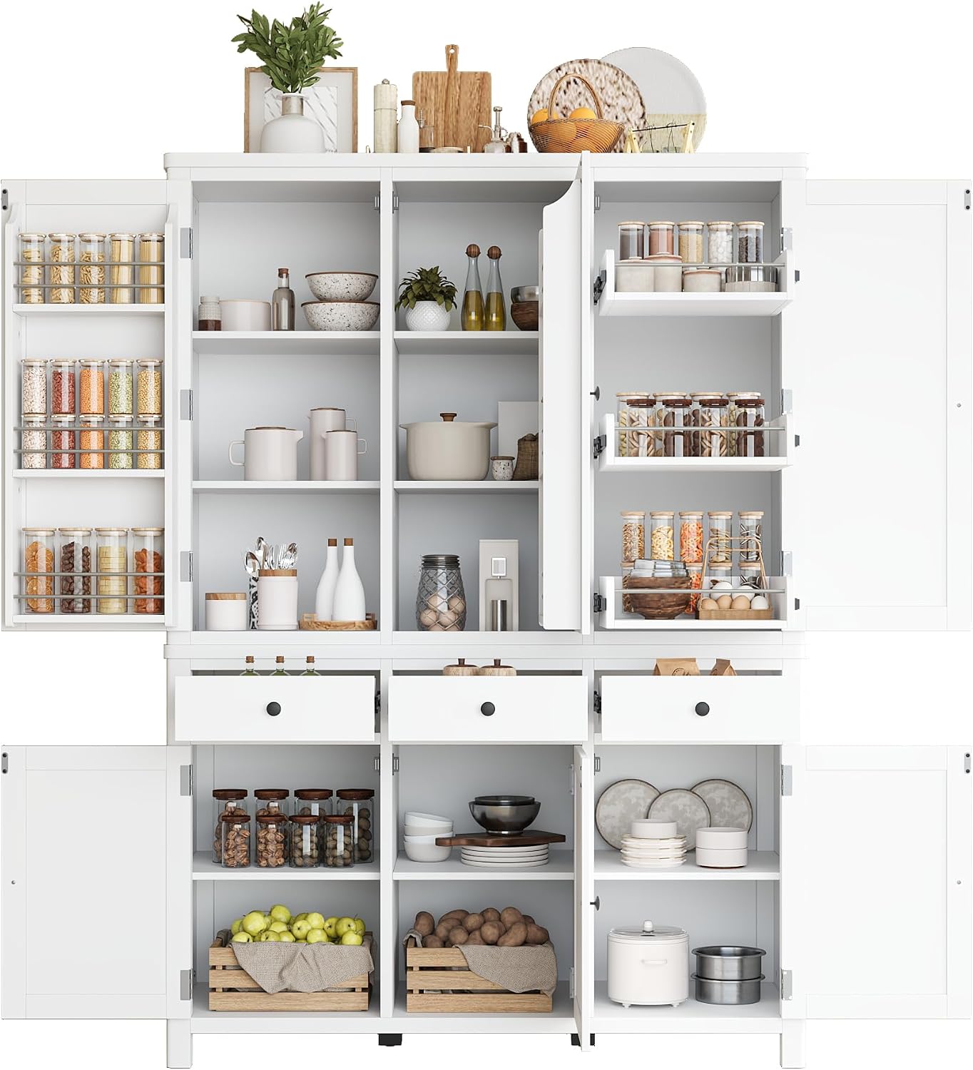 Freestanding Pantry Storage Cabinet with Adjustable Shelves, High Cupboard Cabinet with Door Shelves, Pull-Out Trays and Drawers for Kitchen, Dining Room, Living Room (White)