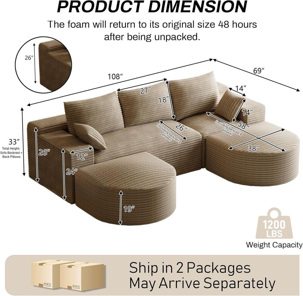 108" U-Shaped Boneless Couches for Living Room,Comfy Fluffy Cloud Sectional Couch with Curved Ottoman, Modern Plush Corduroy Deep Seat Modular Sectional Sofa for Small Spaces, Light Brown