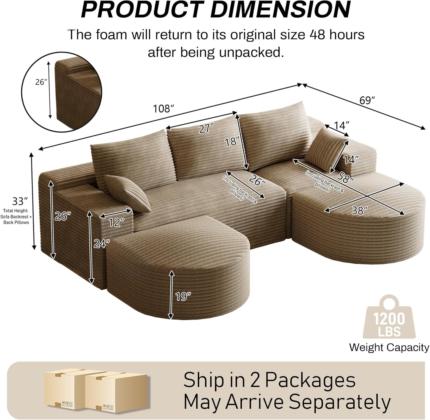108" U-Shaped Boneless Couches for Living Room,Comfy Fluffy Cloud Sectional Couch with Curved Ottoman, Modern Plush Corduroy Deep Seat Modular Sectional Sofa for Small Spaces, Light Brown