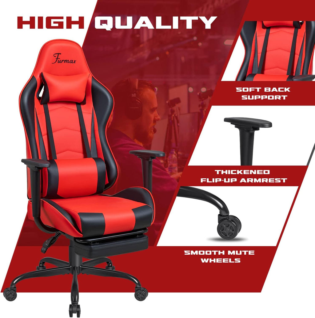 Furmax Office Chair Leather Desk Gaming Chair, High Back Ergonomic Adjustable Racing Chair,Task Swivel Executive Computer Chair Headrest and Lumbar Support (Red)