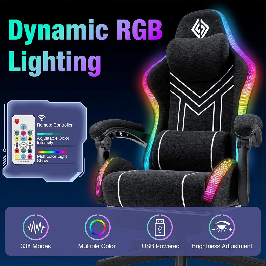 HOFFREE RGB Gaming Chair with Music Rhythm LED Lights and Bluetooth Speakers Fabric Ergonomic Game Chair 155° Reclining Computer Chair with Footrest Video Game Chairs for Adults Gaming & Office Black