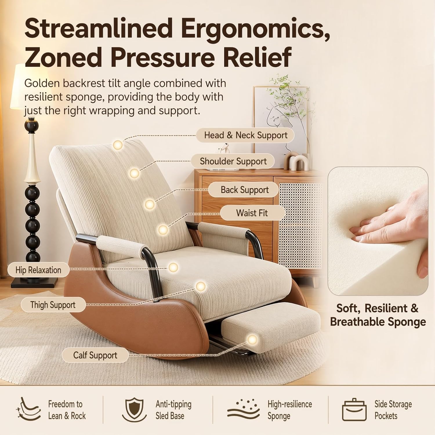 Nursery Chair Rocking Chair with Foot Rest Nursery Rocking Chairs, 3-Position Recliner Foldable Space-Saving Modern Corduroy Stable High Capacity Gliding Rocking Chair