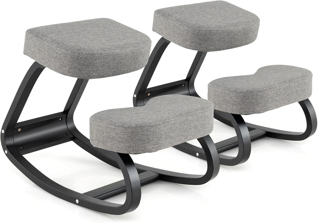 Goplus Ergonomic Kneeling Chair, Rocking Posture Chair w/Soft Seat & Pads, Wooden Backless Knee Chair for Home Office Study