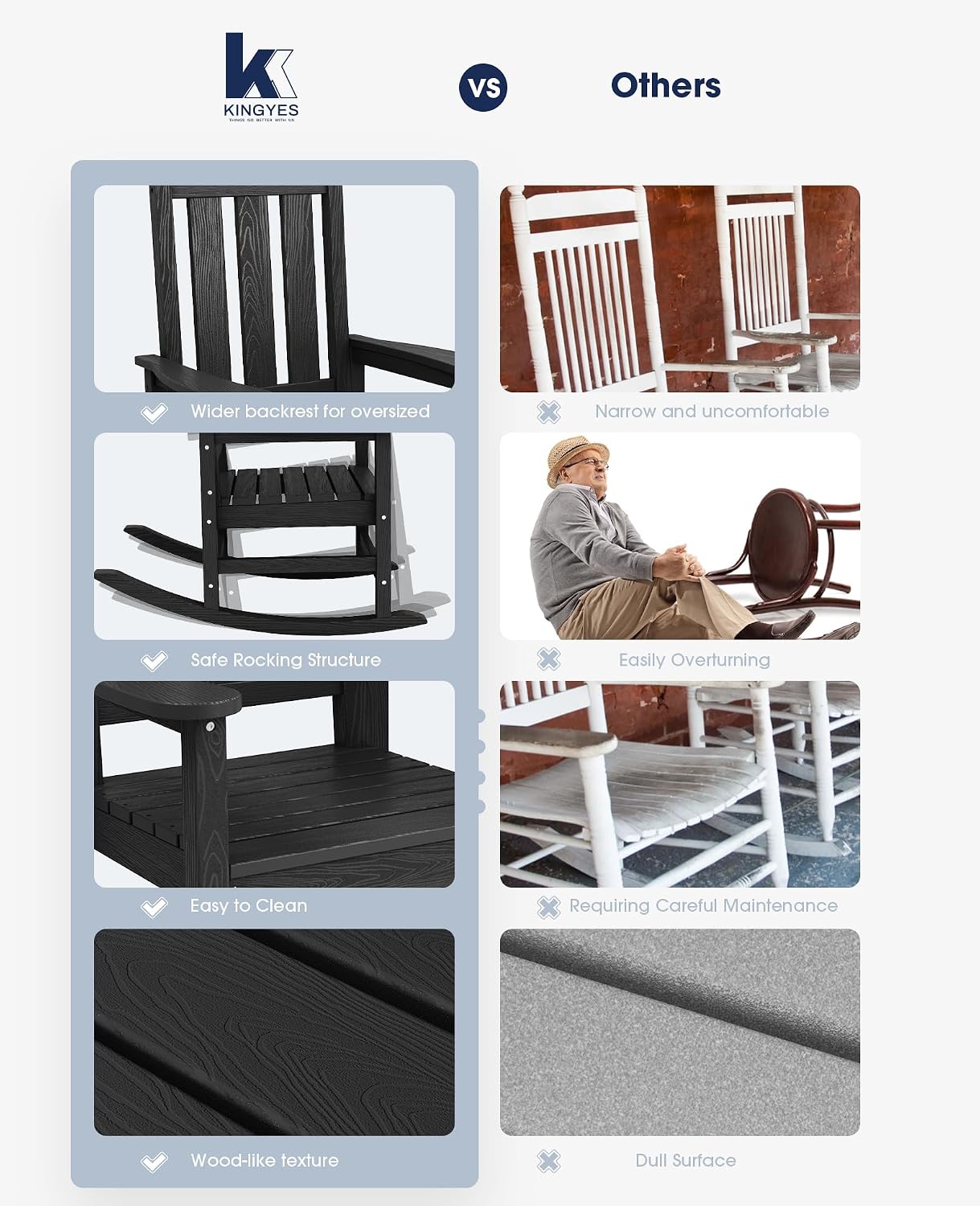 KINGYES Oversized Outdoor Rocking Chair Set of 2, All-Weather Patio Rocking Chairs for Porch, HDPE Outdoor Patio Recliner Rockers with High Back & Wide Seat for Garden, Lawn, Black