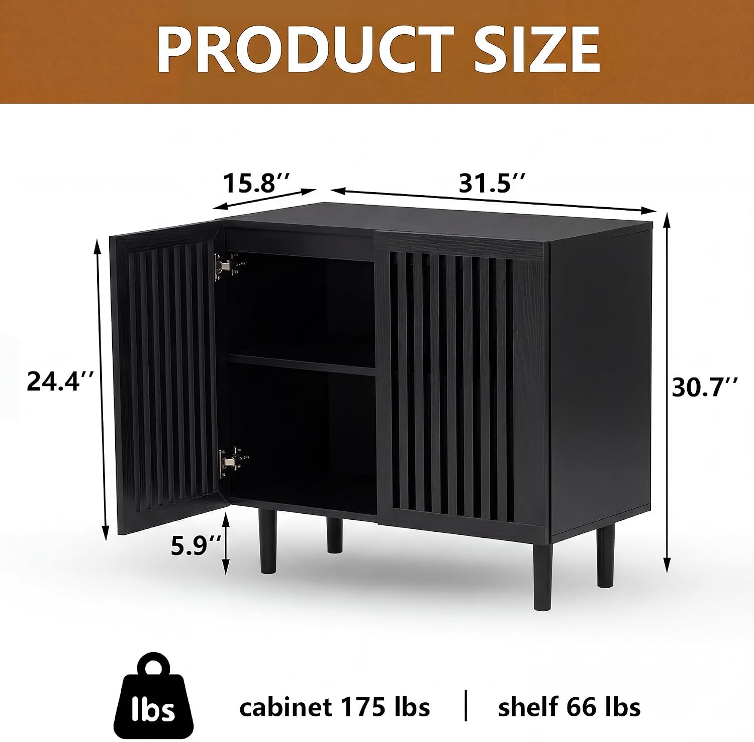 CHUWELL 31.5" Farmhouse Buffet Cabinet with Storage, Modern Black Sideboard Coffee Bar Cabinet with Grille-Striped Doors & Adjustable Shelf, Accent Storage Cabinet with Solid Wood Feet for Dining Room
