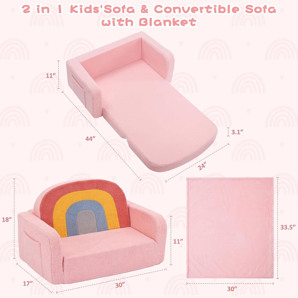 Foryoomi Extra Wide Kids Couch, 2-in-1 Soft Toddler Couch with Blanket, Comfy Toddler Chair, Convertible Sofa with Cute Colorful Rainbow Design, Pink