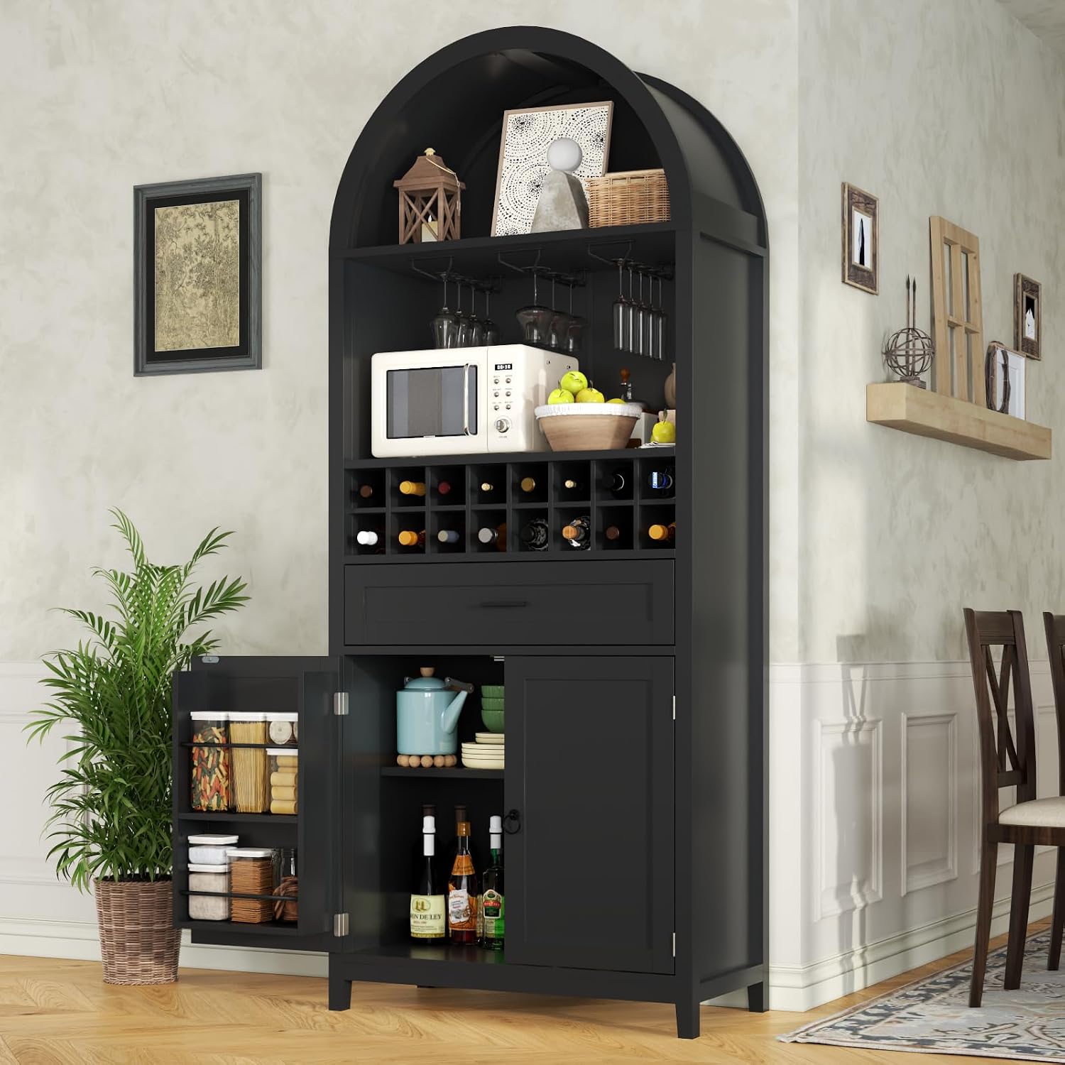 Loomie 75.7" Tall Arched Wine Cabinet, Modern Bar Cabinets with Glass Holders & Wine Rack, Liquor Cabinet for Home, Kitchen Pantry W/Drawer & Shelves, Versatile Cupboard for Dining Room (Black)