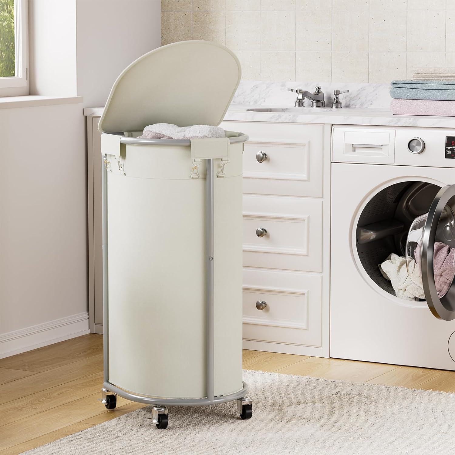 Rolling Laundry Basket with Lid, 100L Laundry Hamper with Wheels, Half Round Laundry Cart with Removable Bag, Sturdy Metal Frame Dirty Clothes Organizer for Bathroom, Bedroom, Beige