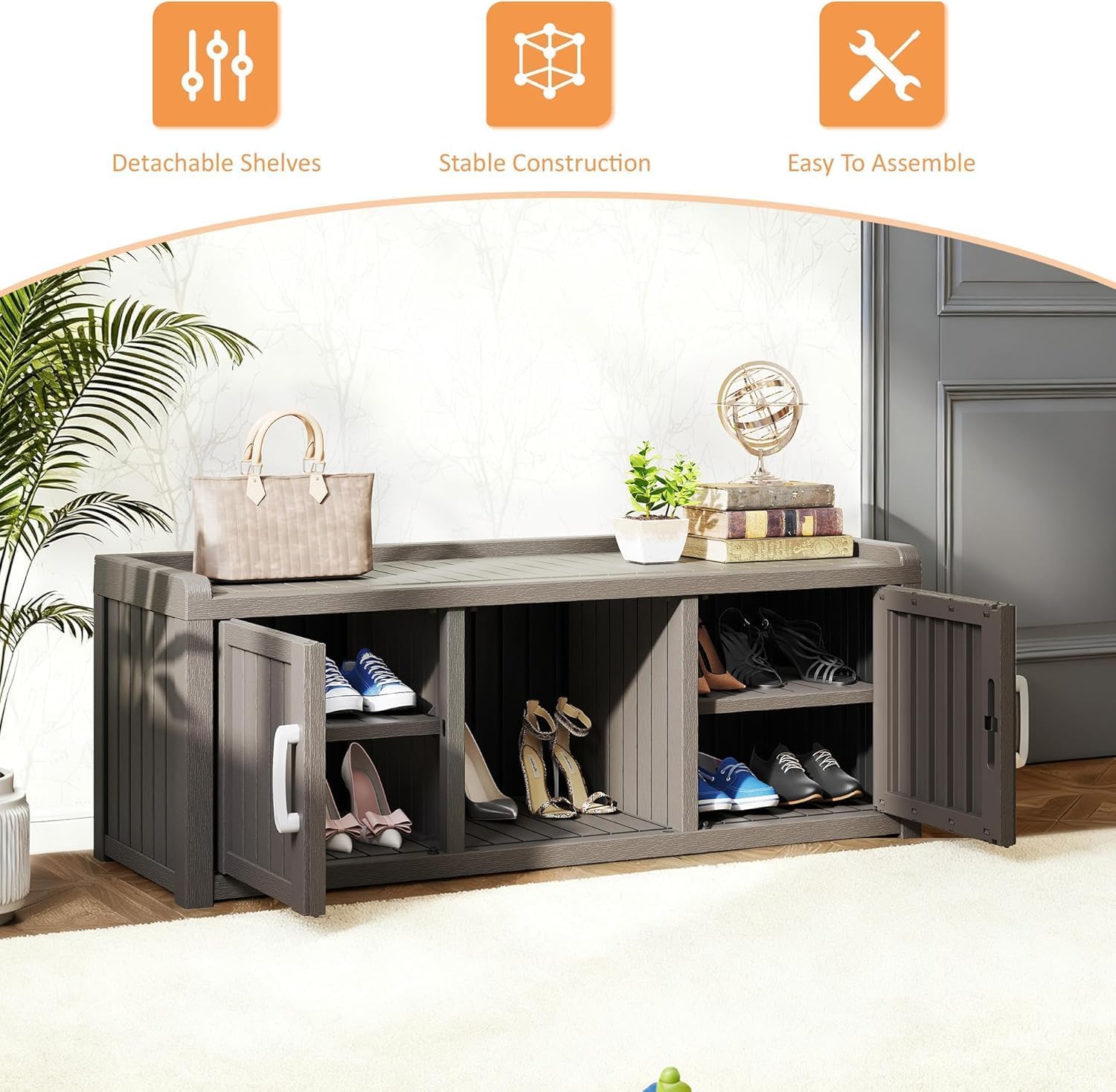 Outdoor Shoe Bench with Waterproof UV-Resistant Indoor Resin Shoe Cabinet Entryway Shoe Cabinet with 2 Doors or Entryway,Living Room,Bedroom,Black (2 Door)