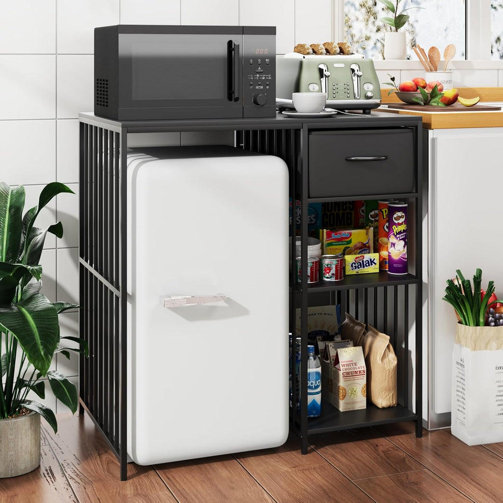 VOWNER Mini Fridge Cabinet with Power Outlet, 3-Tier Industrial Style Kitchen Microwave Stand Baker Rack with Drawer, Utility Storage Shelf for Home Kitchen Dorm Office, Black, 35" Lx22 Wx37 H