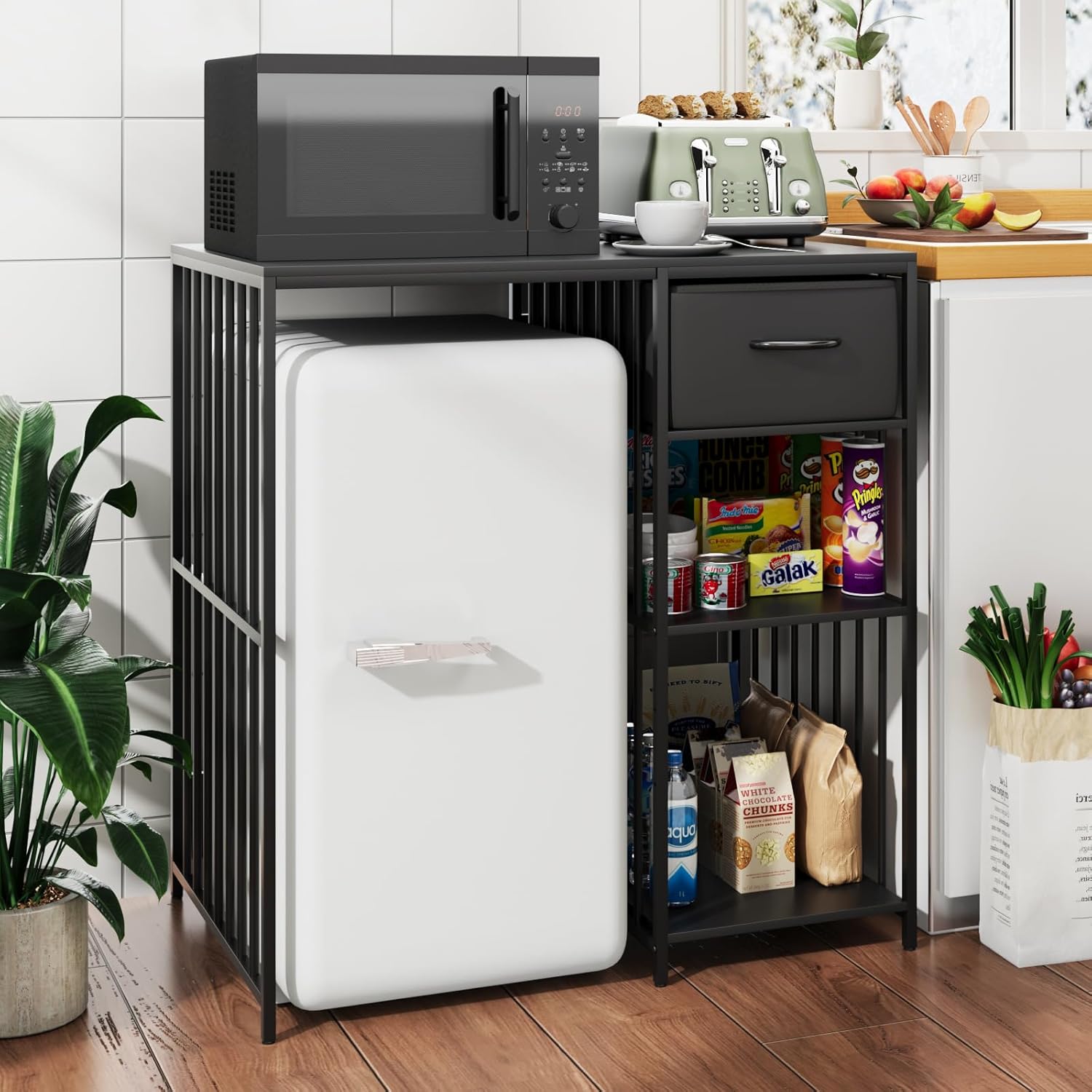 VOWNER Mini Fridge Cabinet with Power Outlet, 3-Tier Industrial Style Kitchen Microwave Stand Baker Rack with Drawer, Utility Storage Shelf for Home Kitchen Dorm Office, Black, 35" Lx22 Wx37 H